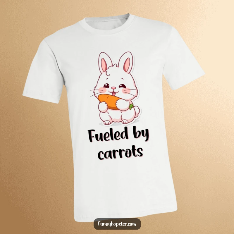 Funny t-shirt featuring a fluffy rabbit with twitching whiskers, joyfully eating a carrot, radiating happiness and cuteness.