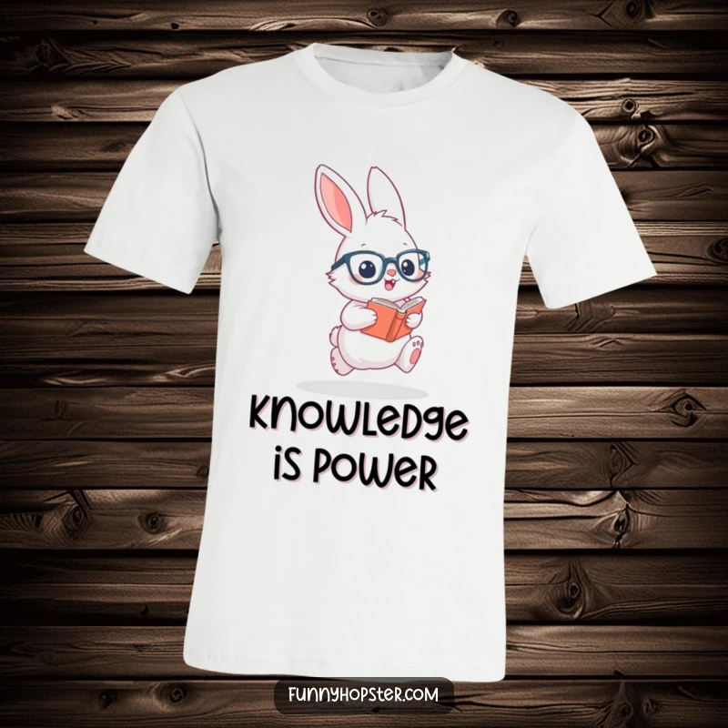 Funny t-shirt showcasing a fluffy rabbit with glasses, hopping energetically while holding a book, symbolizing a love for reading and fun.
