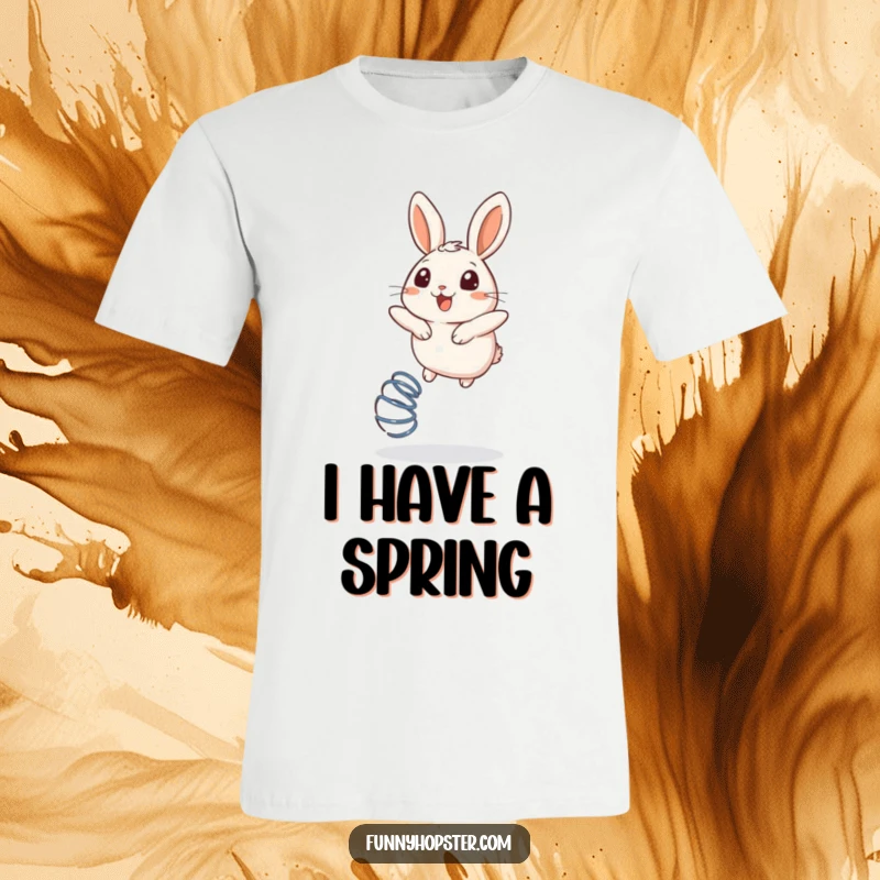 Funny t-shirt depicting a round rabbit bouncing ecstatically on a spring with an expression of sheer delight.