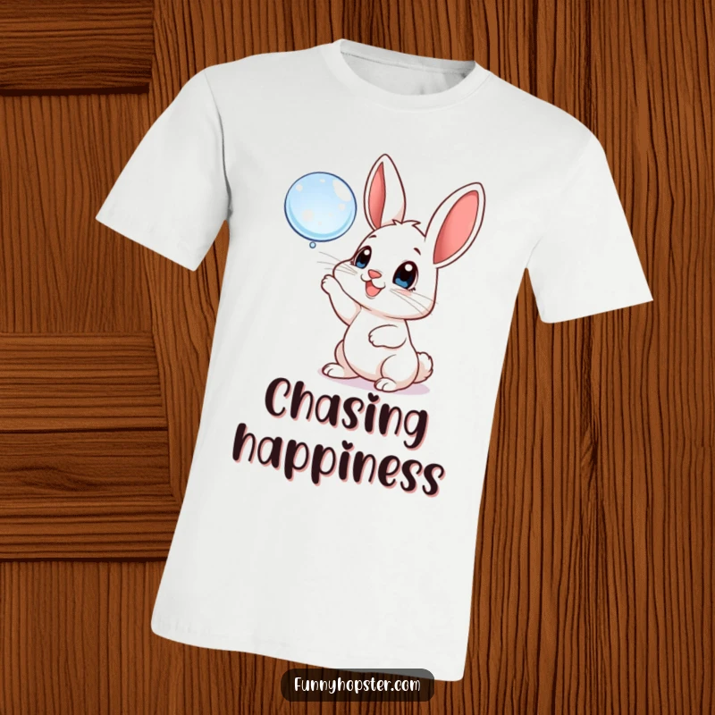 Funny t-shirt depicting a playful rabbit with large, happy eyes batting at a floating bubble, symbolizing carefree joy and lightheartedness.
