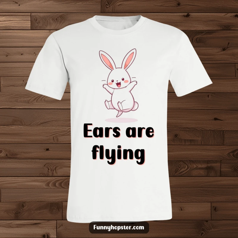 Funny t-shirt depicting a cheerful rabbit in a cartwheel pose, ears trailing, radiating happiness and playful movement.