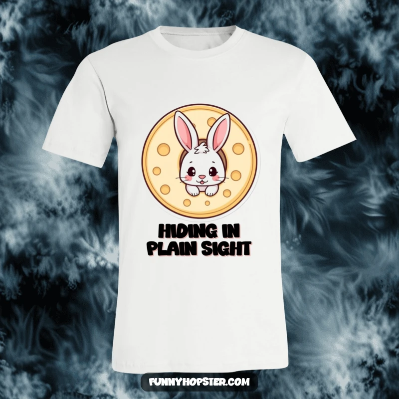 Funny t-shirt showing a mischievous rabbit hiding playfully inside a large, enticing wheel of cheese.