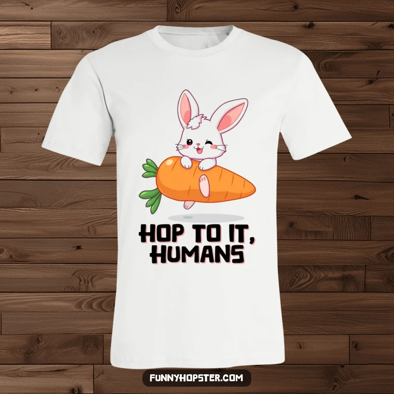 Funny t-shirt featuring a fluffy bunny with enormous ears joyfully bouncing high on a giant carrot, full of energy.