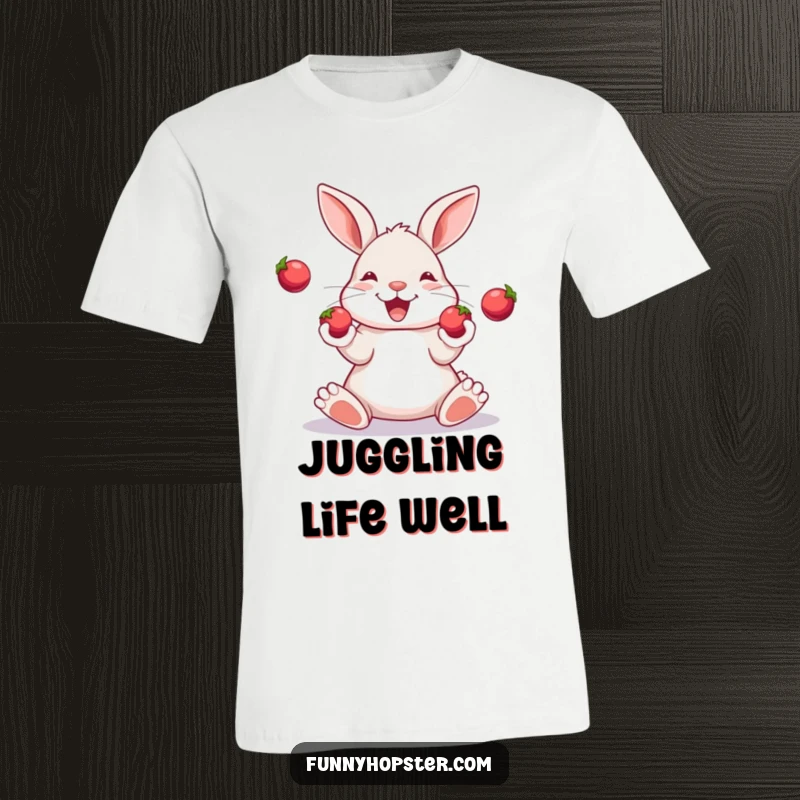 Funny t-shirt showing a happy rabbit expertly juggling three shiny berries with its paws, looking proud.