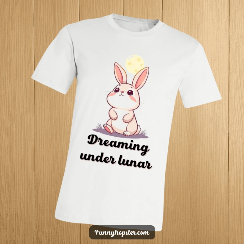 Funny t-shirt featuring a rabbit character gazing up at the moon, expressing deep wonder and curiosity.