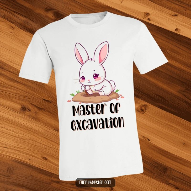 Funny t-shirt with a cute pink-eyed rabbit digging a hole with its small paws, bursting with excitement and energy.