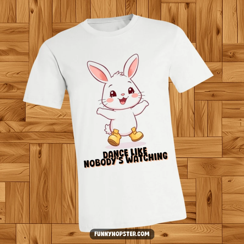 Funny t-shirt of a smiling rabbit adorably wearing tiny boots and doing a happy, energetic dance, full of joy.