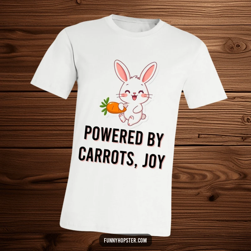Funny happy rabbit character hopping joyfully with a big carrot on a comfortable graphic t-shirt.