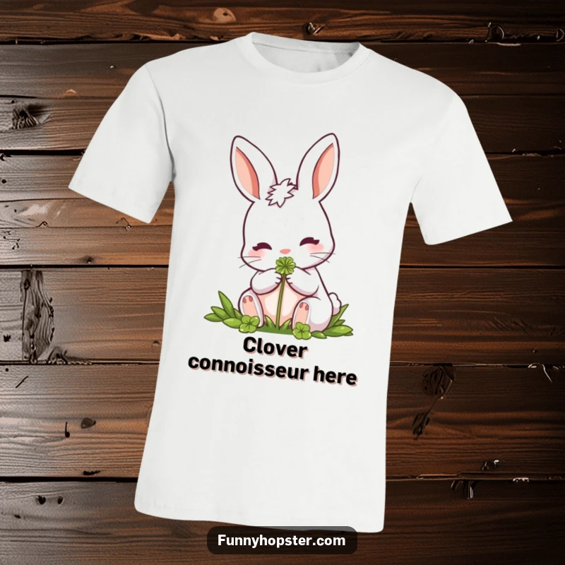 Funny Rabbit T-Shirt: A charming rabbit character enjoying a clover, symbolizing luck and peaceful moments in a delightful design.