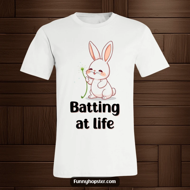 Funny t-shirt showing a cute rabbit character reaching out to playfully bat at a drifting dandelion seed.