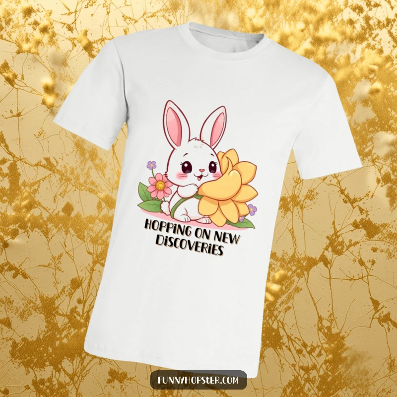Funny t-shirt depicting a surprised kawaii rabbit discovering a giant flower, symbolizing innocent wonder and nature's beauty.