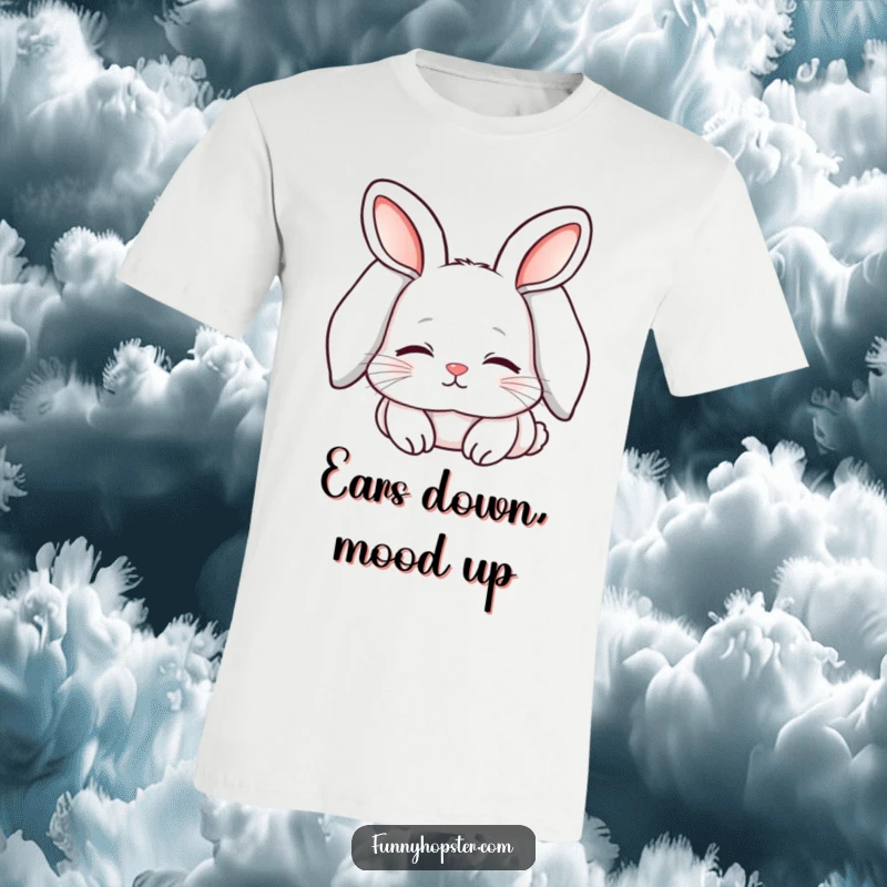 Funny t-shirt featuring a kawaii rabbit with long, drooping ears, looking peacefully sleepy and content, perfect for lounging.