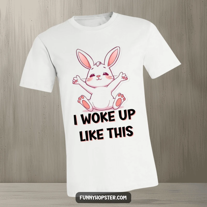 Funny T-Shirt of a rabbit stretching upwards with paws extended, radiating ultimate relaxation and morning bliss.