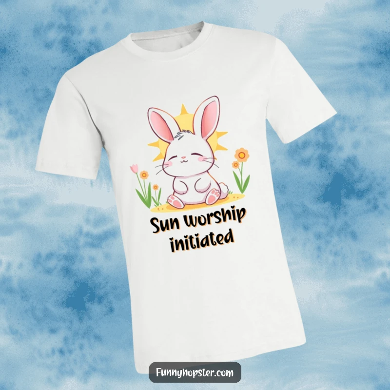 Funny rabbit character lying in the sun, eyes closed in contentment, featured on a comfortable t-shirt for ultimate relaxation.