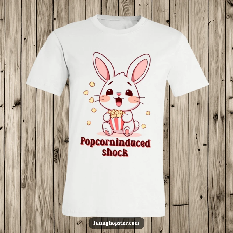 Funny bunny character reacting with shock to flying popcorn, ideal for a funny t-shirt.