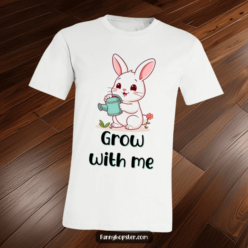 Funny t-shirt featuring a cheerful rabbit with a watering can, nurturing a small, delicate flower, embodying gentle care and growth.