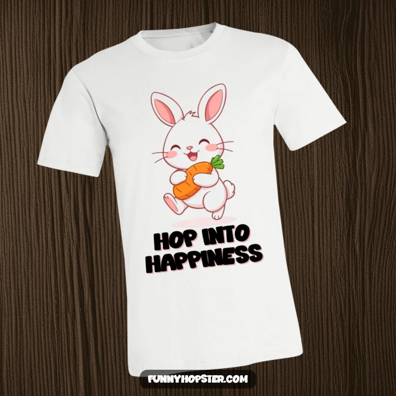 Funny Kawaii Rabbit T-Shirt: Cute hopping bunny with a carrot, radiating pure joy and happiness, ideal for casual wear.