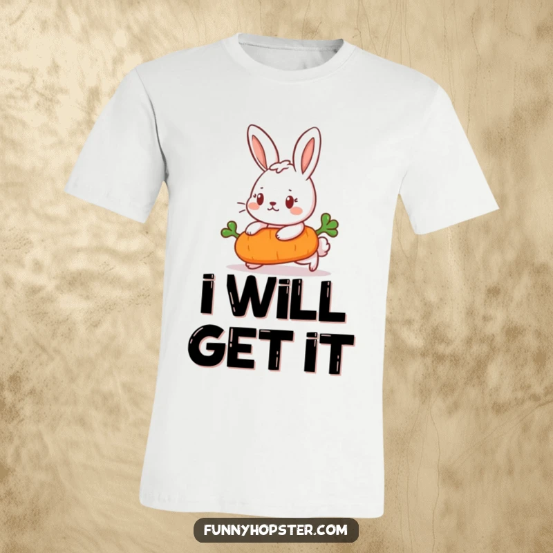Funny T-Shirt of a small rabbit with a determined expression, pushing a tiny rolling carrot, symbolizing ambition.