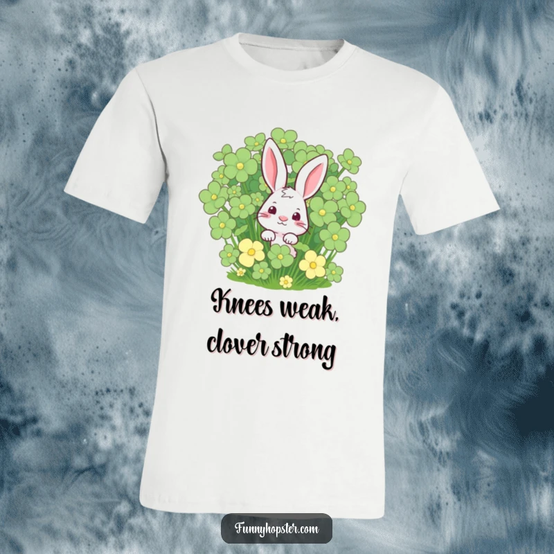 Funny curious rabbit peeking from a giant clover patch on a t-shirt, exuding luck and whimsy, a great funny gift.