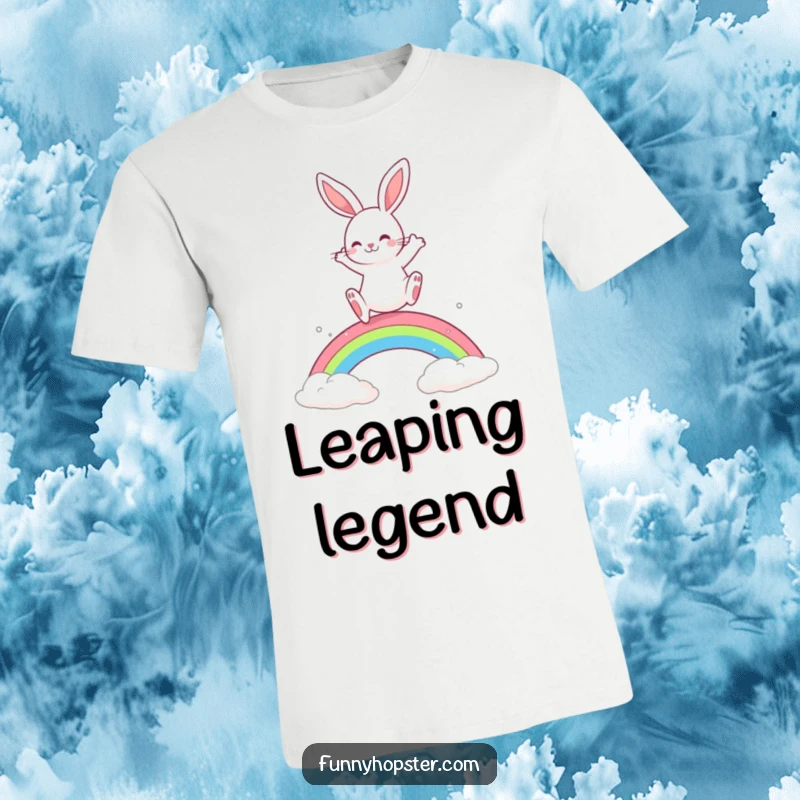 Funny Rabbit T-Shirt: A cheerful rabbit leaps energetically over a bright rainbow, embodying playfulness and joy.