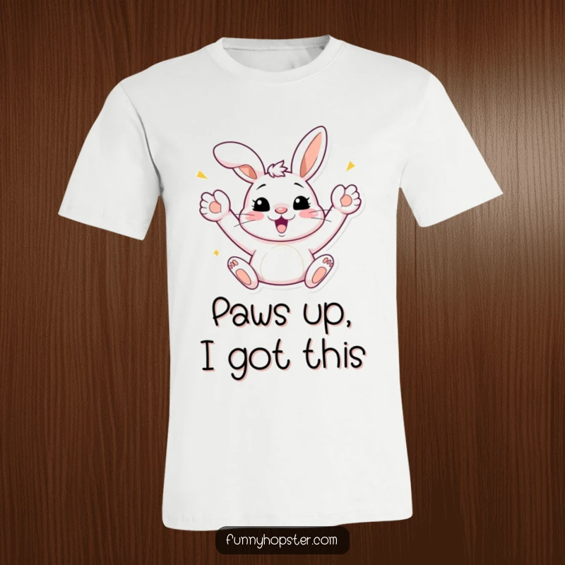 Funny Bunny Celebration T-Shirt: A fun tee featuring a bunny with paws in the air, bursting with celebratory joy, a great funny gift.