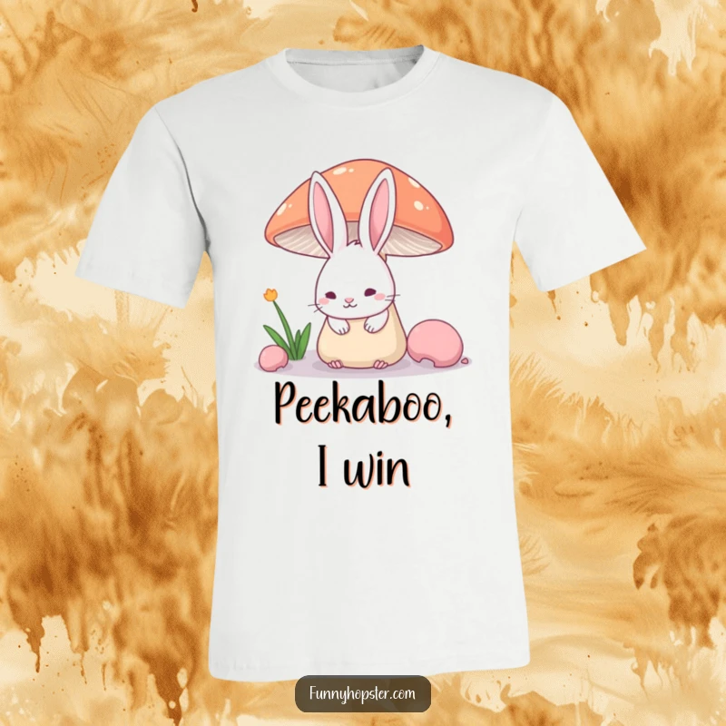 Funny T-Shirt with a shy rabbit character hiding behind a mushroom, showing just its cute ears.