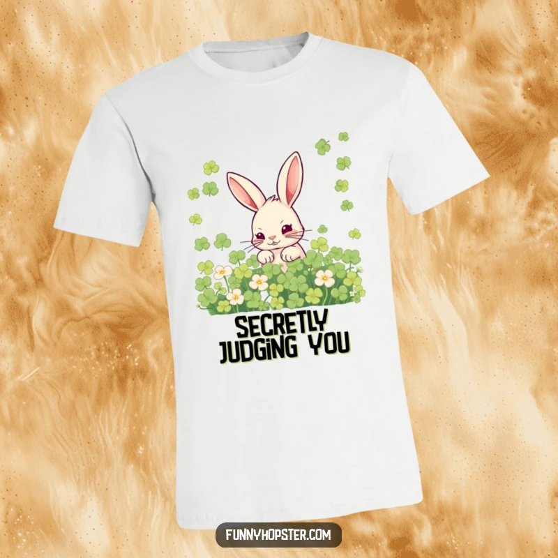 Funny t-shirt with a mischievous rabbit hiding in clover, suggesting playful secrets and humorous intent.