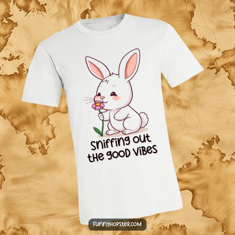Funny t-shirt featuring a rabbit's nose twitching excitedly as it sniffs a flower, conveying pure delight.