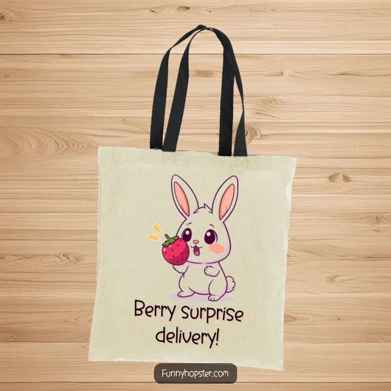 Funny tote bag with a shocked rabbit, eyes wide, startled by a bouncing berry, stylish and humorous.