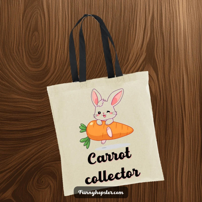Funny tote bag displaying a fluffy bunny character with oversized ears gleefully bouncing atop a colossal carrot, celebrating fun.
