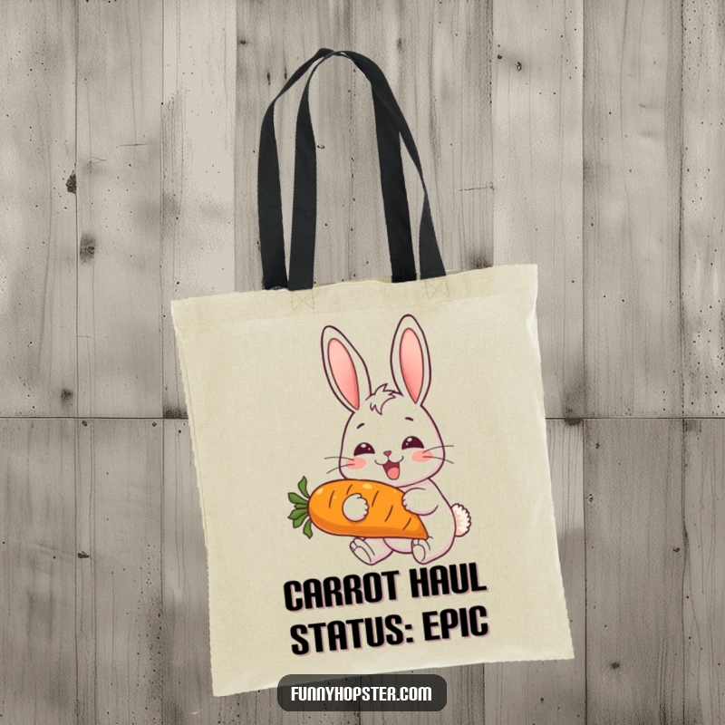 Funny tote bag showing a happy rabbit with ears perked, joyfully eating a large carrot, ideal for shopping and smiles.