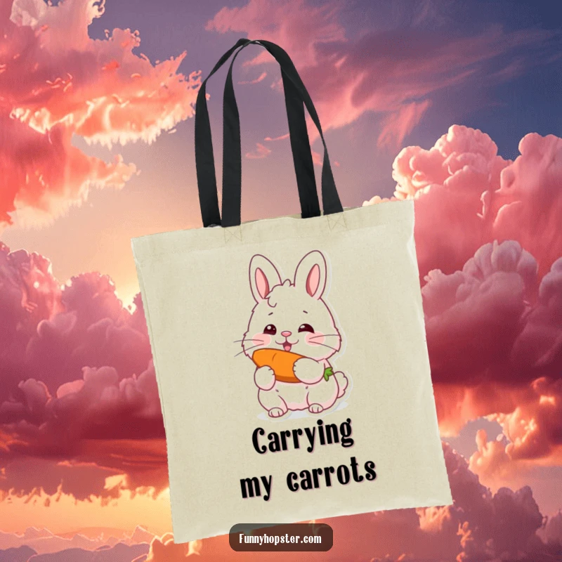 Funny tote bag depicting a contented fluffy rabbit with twitching whiskers, happily eating a carrot, ideal for daily use.