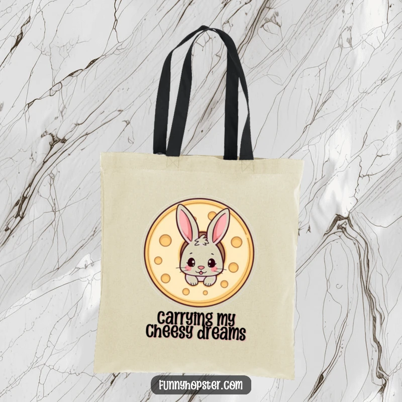 Funny tote bag featuring a mischievous rabbit peeking out from a hole in a giant wheel of cheese.