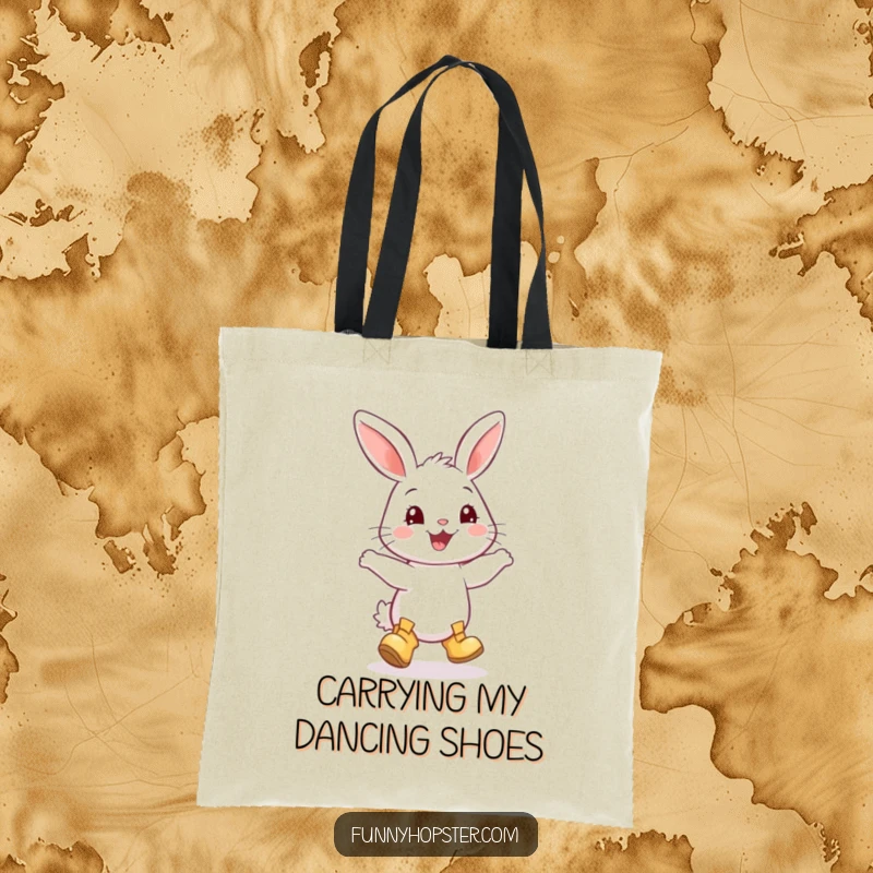 Funny tote bag with a smiling rabbit wearing miniature boots, captured mid-dance in a moment of pure, happy celebration.