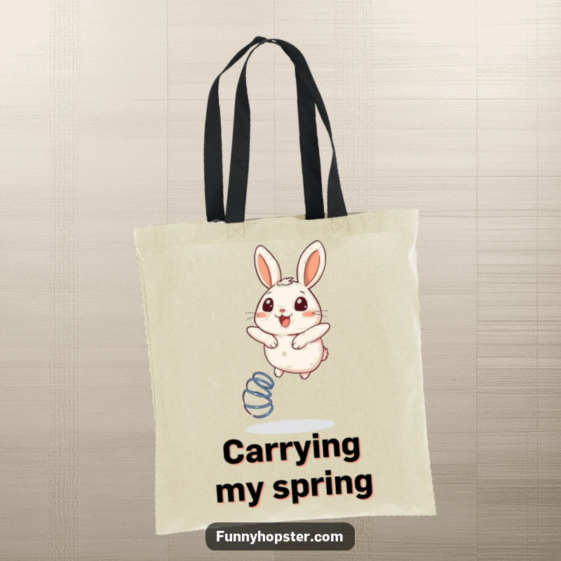 Funny tote bag featuring a round rabbit bouncing joyfully on a spring with an ecstatic look.