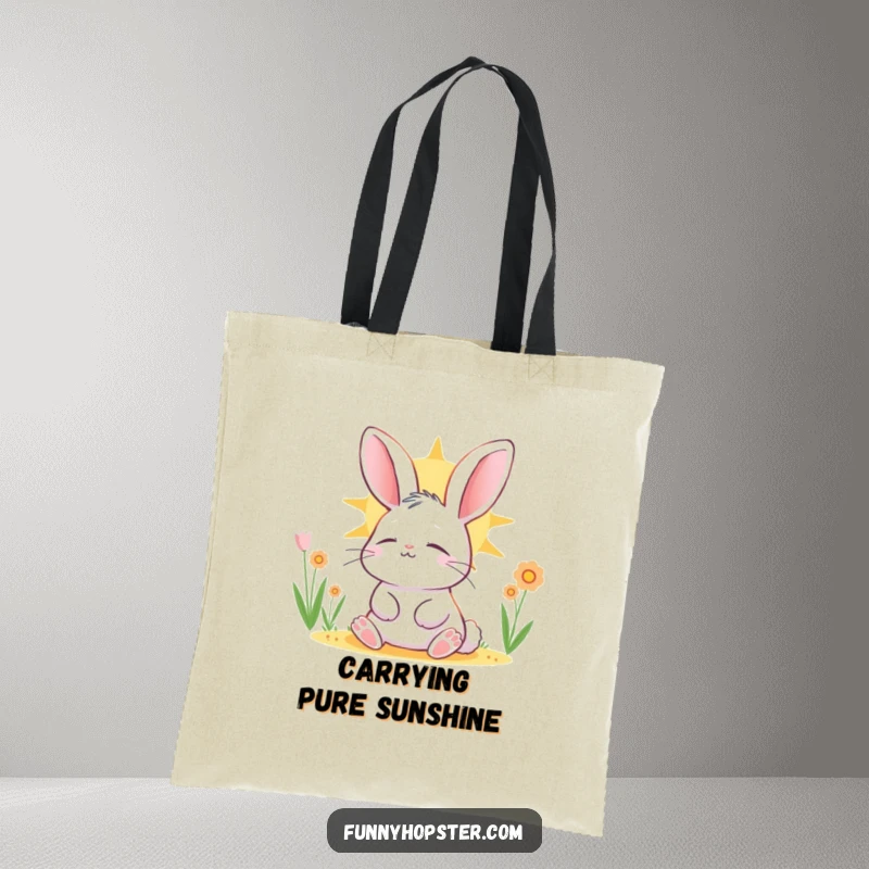 Funny rabbit character basking in the sun, eyes closed in contentment, elegantly designed on a durable tote bag.
