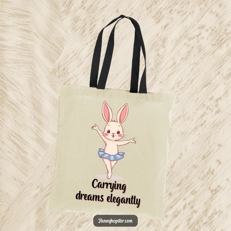 Funny Tote Bag with a rabbit in an elegant ballet pose, ideal for carrying items with grace and a touch of humor.