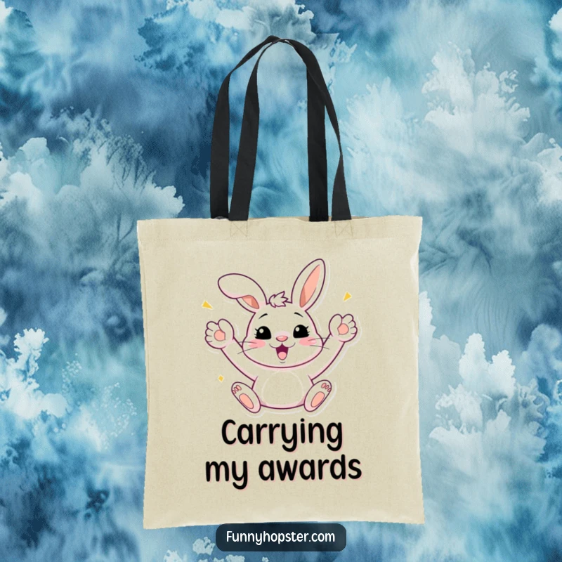 Funny Bunny Celebration Tote Bag: A stylish bag featuring a bunny celebrating with paws up, perfect for carrying celebratory vibes, ideal funny gift.