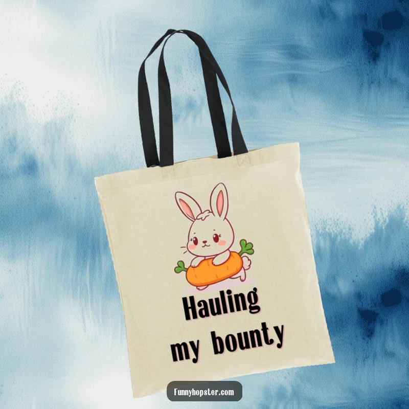 Funny Tote Bag with a determined rabbit pushing a carrot, symbolizing the journey towards goals with humor.