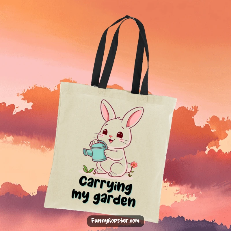 Funny tote bag with a cheerful rabbit holding a watering can, tending to a small flower, symbolizing growth and care.