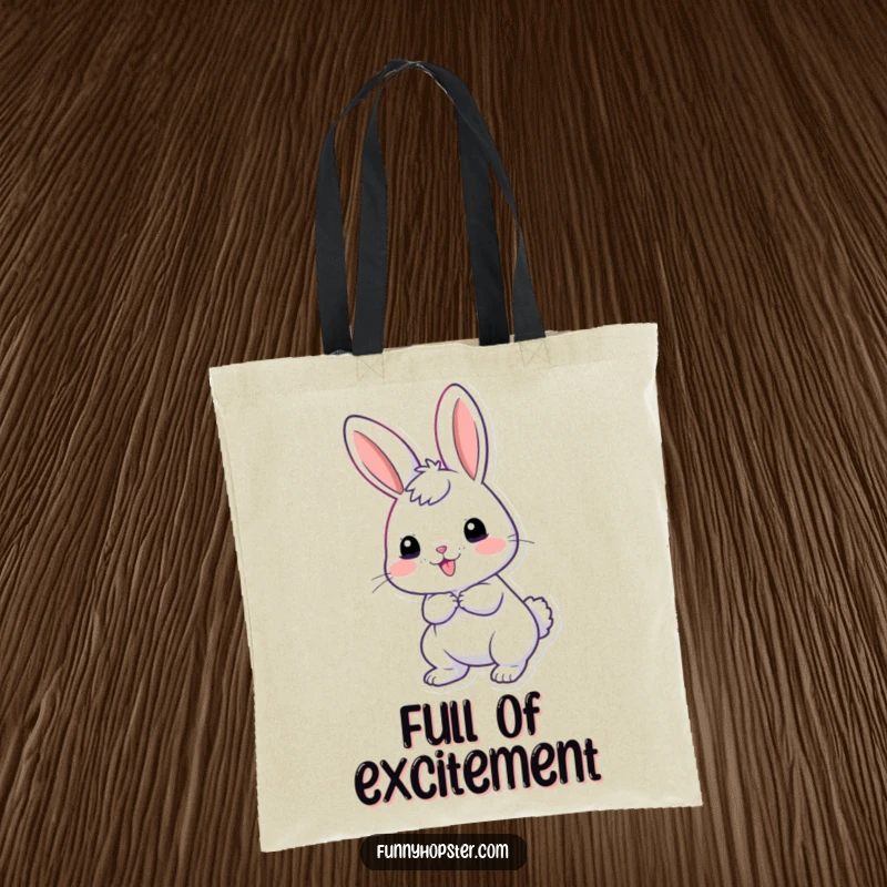 Funny tote bag with a giddy rabbit whose tail is wiggling excitedly, perfect for carrying daily essentials with happiness.