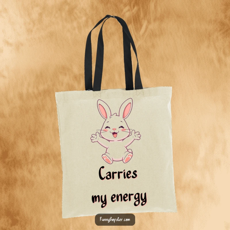 Funny tote bag with a happy rabbit whose paws are outstretched, ready to spring, perfect for carrying daily essentials.