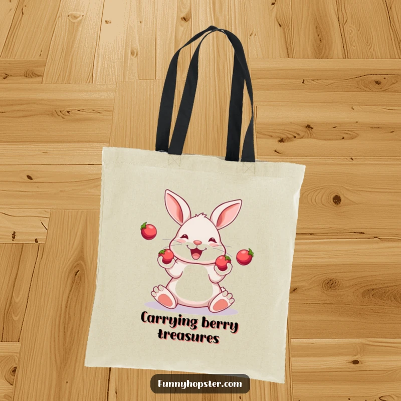 Funny tote bag featuring a happy rabbit skillfully juggling three small, shiny berries with its paws.