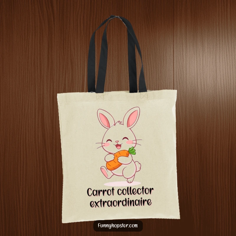 Funny Kawaii Rabbit Tote Bag: Durable and stylish, showcasing a happy bunny hopping with a carrot, ideal for shopping.