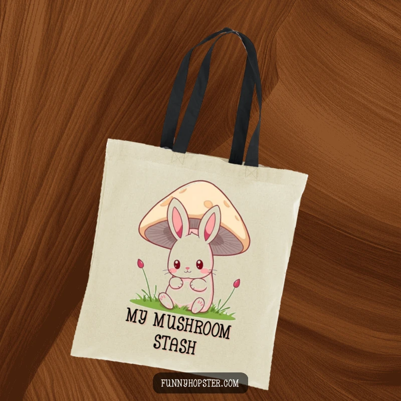 Funny kawaii rabbit tote bag depicting a cute bunny peeking curiously from behind a large mushroom, ready for new discoveries.
