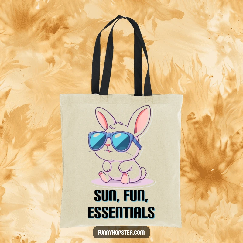 Funny tote bag featuring a kawaii rabbit in oversized sunglasses enjoying a sunbath, perfect for carrying essentials with cool style.