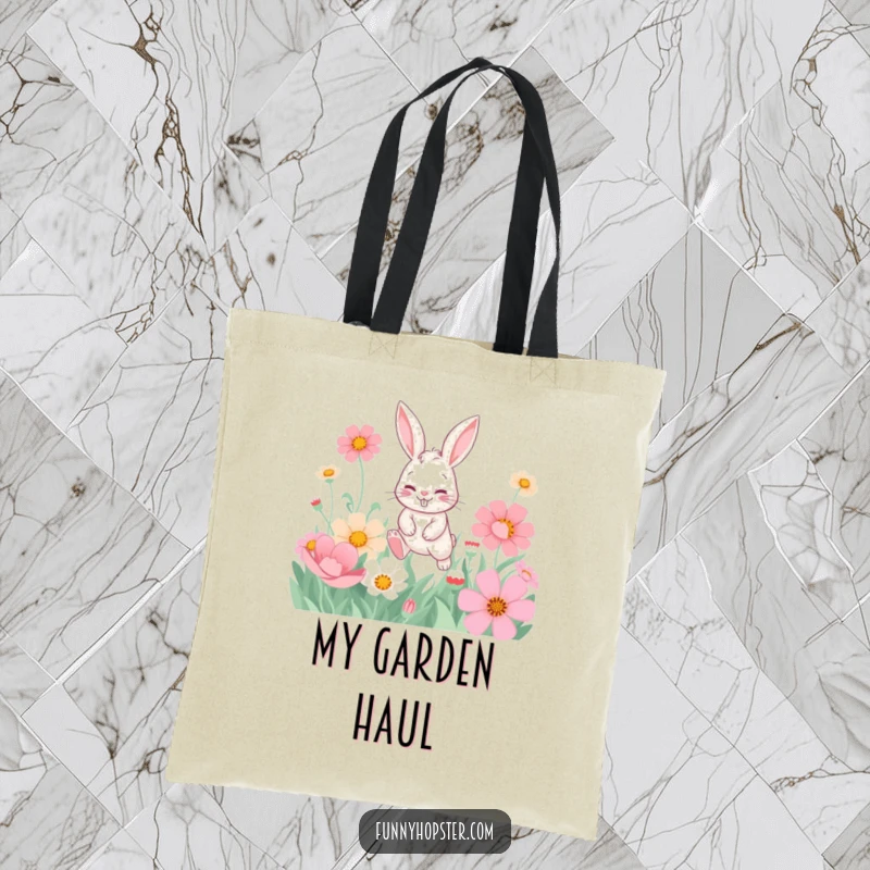 Funny tote bag displaying a playful rabbit with a mischievous grin joyfully hopping amidst a field of gigantic, colorful flowers.