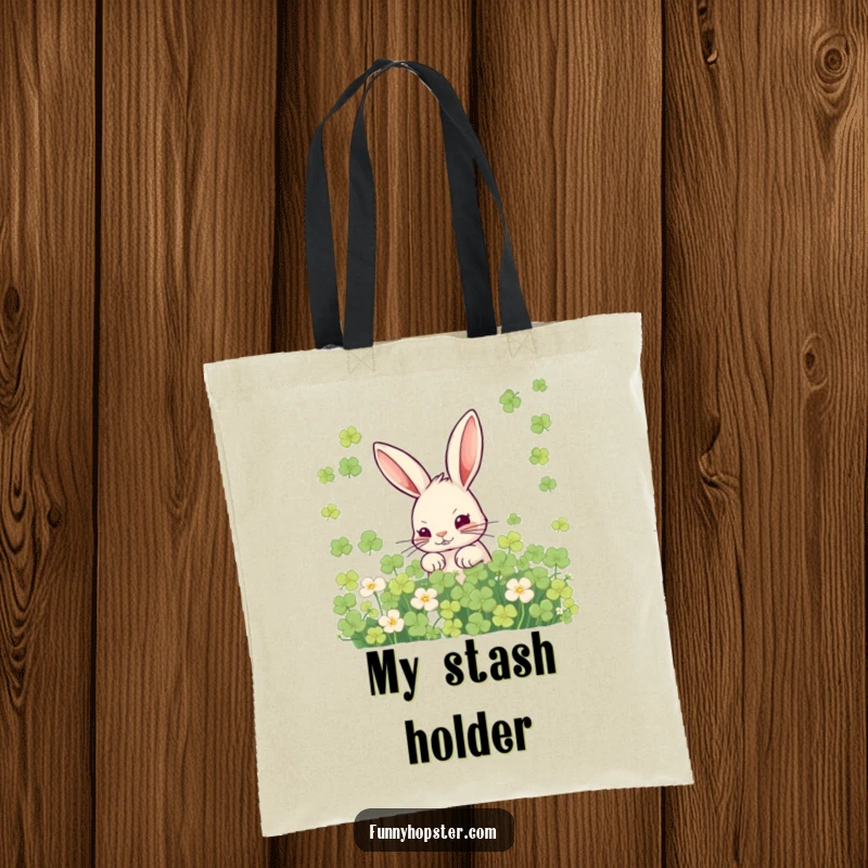 Funny tote bag with a mischievous rabbit peeking from clover, perfect for carrying essentials with a hint of playful secrecy.