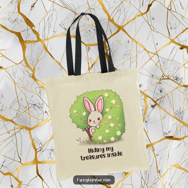 Funny Rabbit Tote Bag: A tote bag depicting a rabbit hiding behind a bush, perfect for daily errands with a playful, secret-keeping charm.