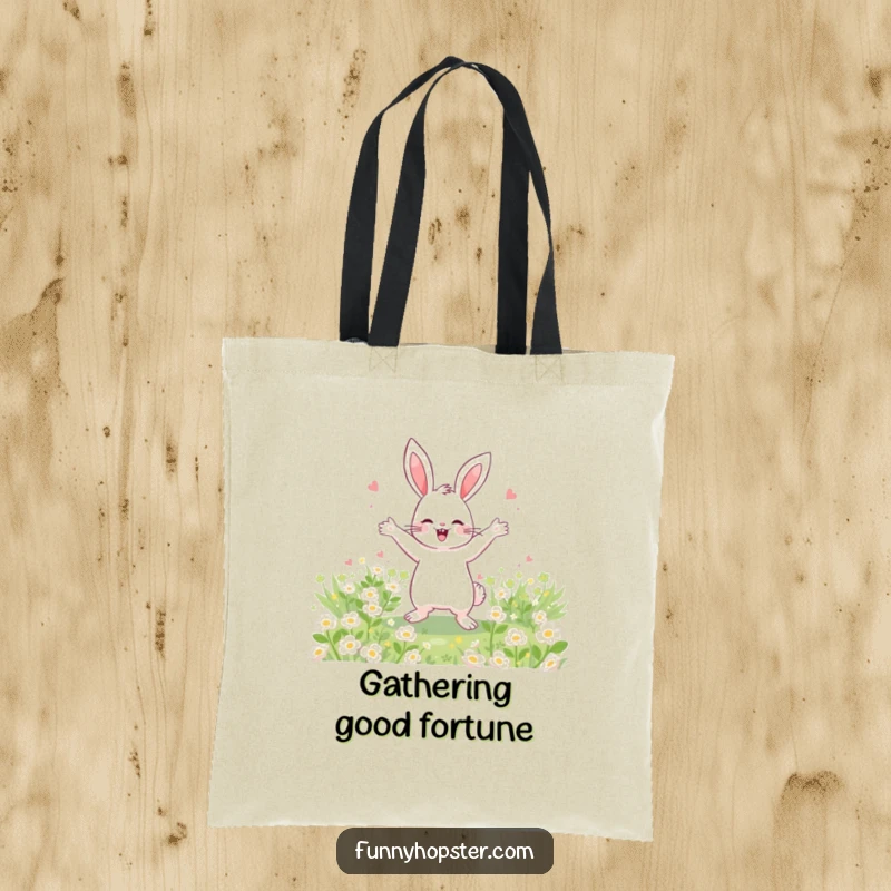 Funny Tote Bag featuring a happy rabbit dancing joyfully in a field of clover, perfect for carrying fun items.